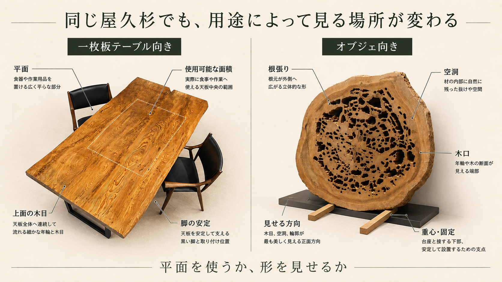 屋久杉材を一枚板テーブルに使う場合とオブジェに使う場合の確認箇所を比較した図