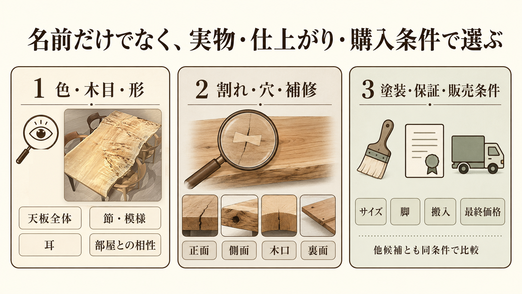ポプラ一枚板を選ぶ際に、色・木目・形、割れ・穴・補修、塗装・保証・販売条件の3項目を確認する図 poplar