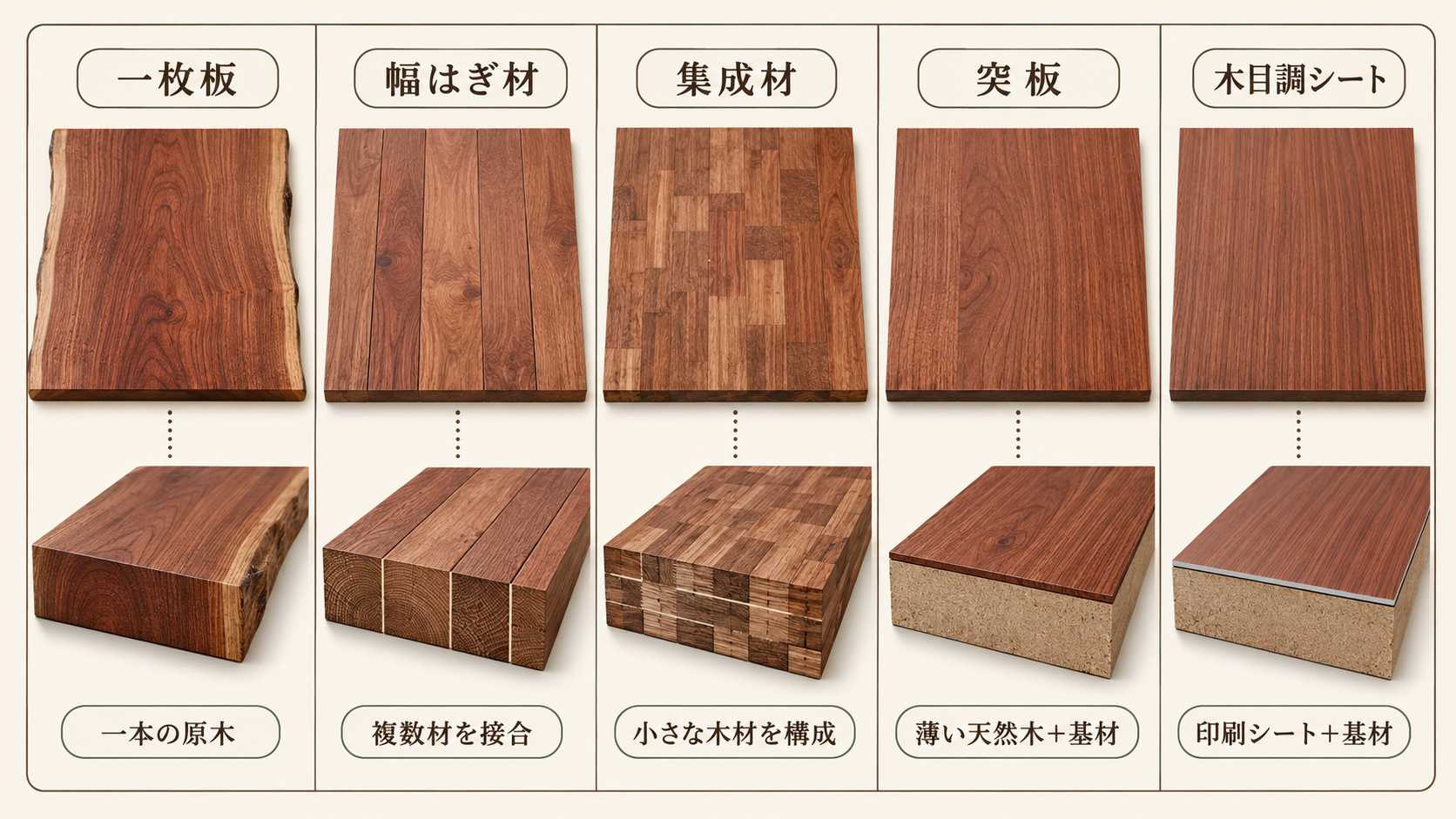一枚板、幅はぎ材、集成材、突板、木目調シートの上面と断面構造を比較した図