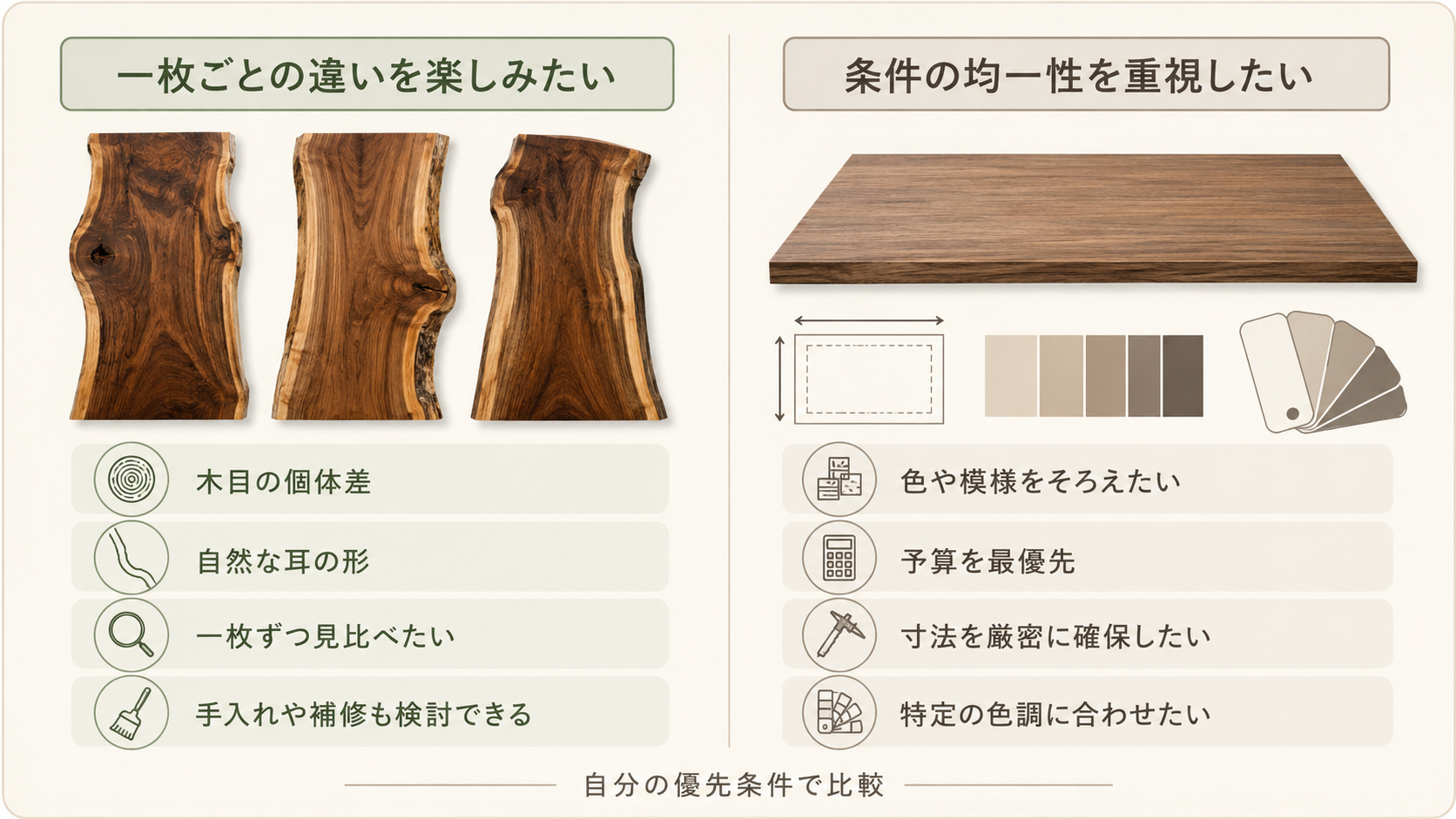 モンキーポッド一枚板が向いている人と、他の樹種や素材も比較した方がよい人の条件を比較した図