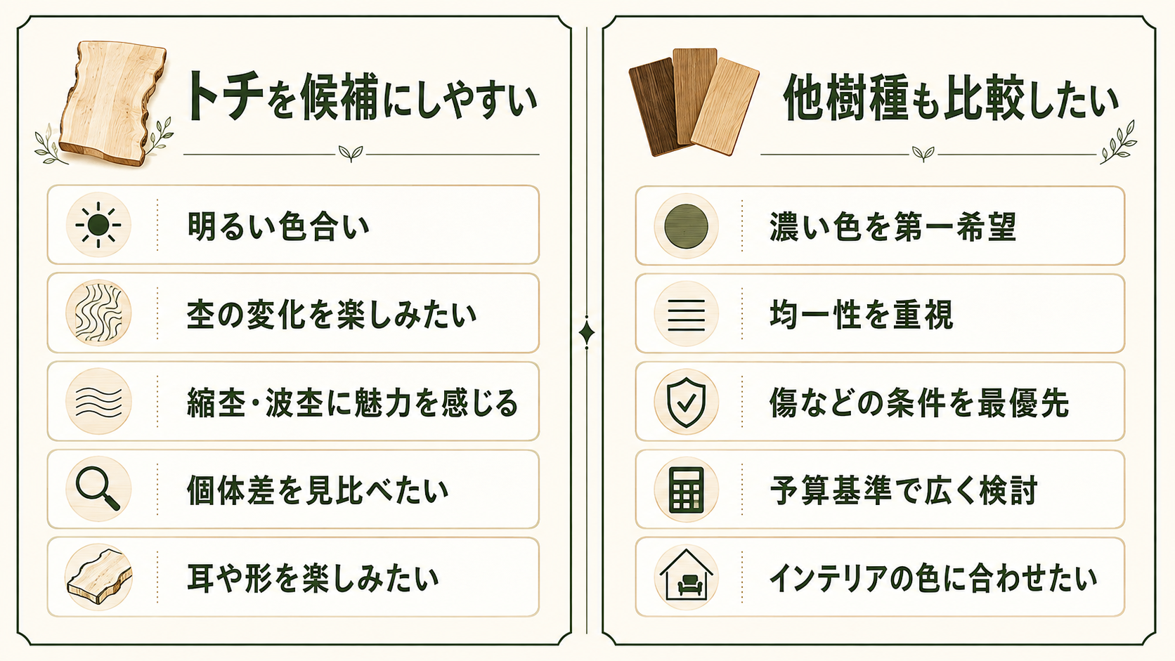 トチ一枚板が向いている人と、他の樹種も比較したい人の条件を左右に分けて示した比較図