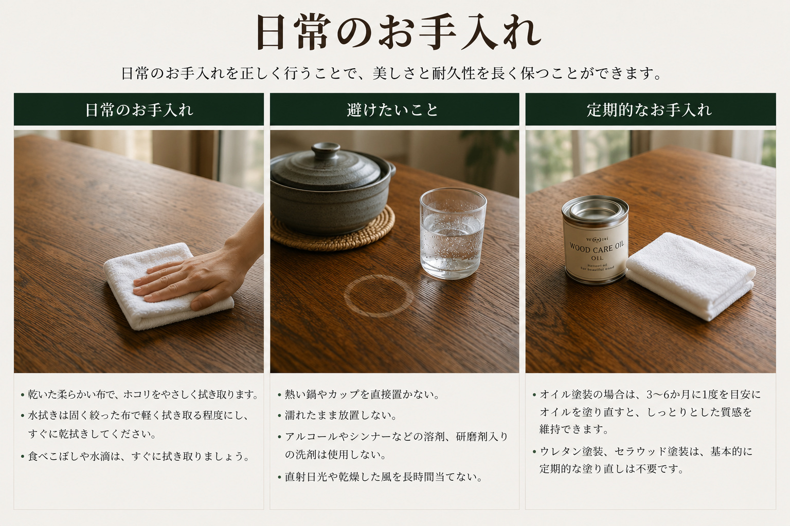 一枚板テーブルの日常のお手入れ方法と避けたい行為を紹介する画像
