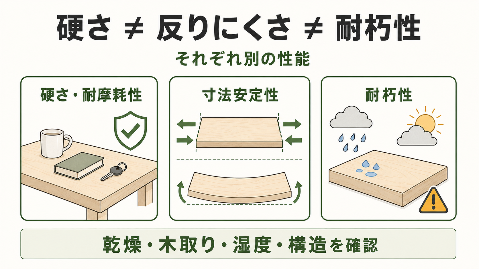 メープル材の硬さ、湿度による反りやすさ、屋外での耐朽性が別の性能であることを示した図