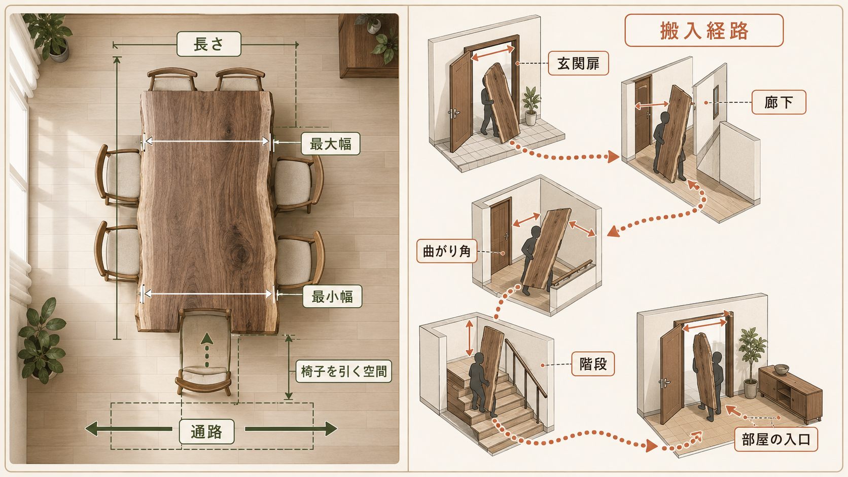 一枚板テーブルの寸法、椅子を引く空間、玄関から部屋までの搬入経路を示した図