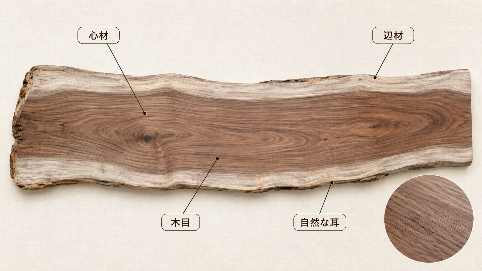 クルミ一枚板の心材、辺材、木目、自然な耳の位置を示した図