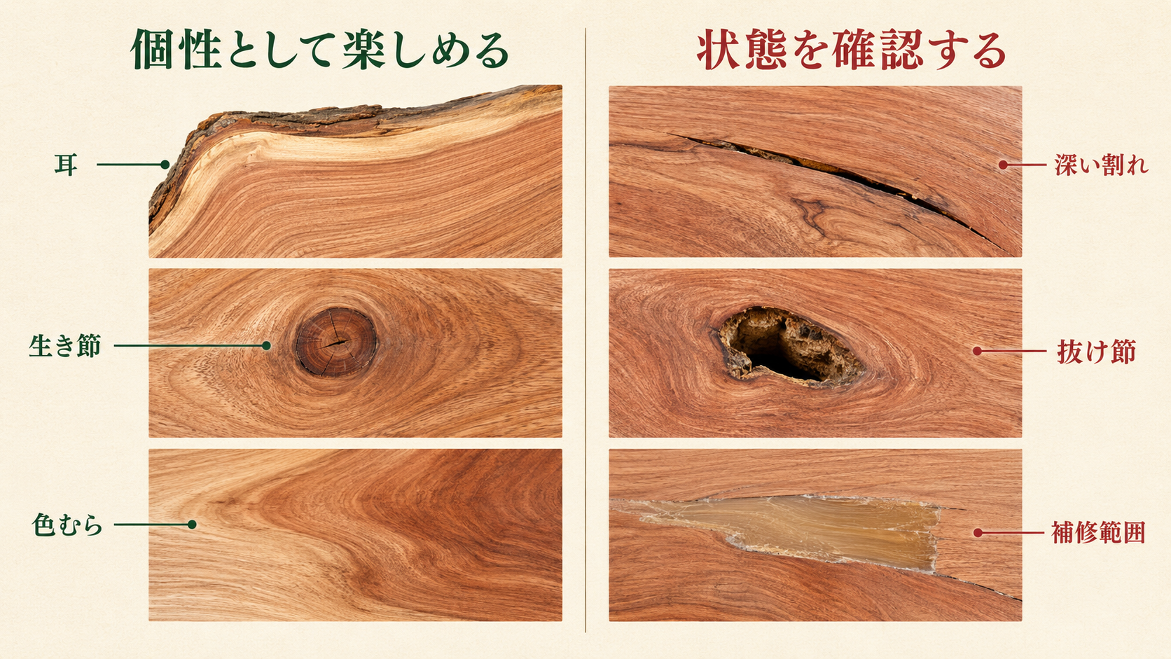 センダン一枚板の耳や生き節などの個性と、深い割れや抜け節など確認が必要な箇所を比較した図