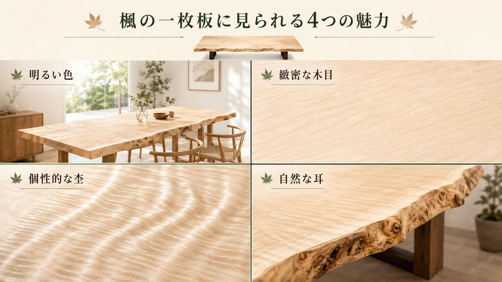楓一枚板の明るい色、緻密な木目、波状の杢、自然な耳という4つの魅力を示した図