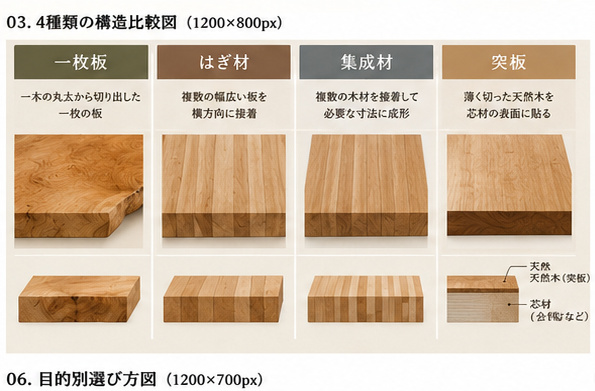 一枚板・はぎ材・集成材・突板の構造の違いを比較した図