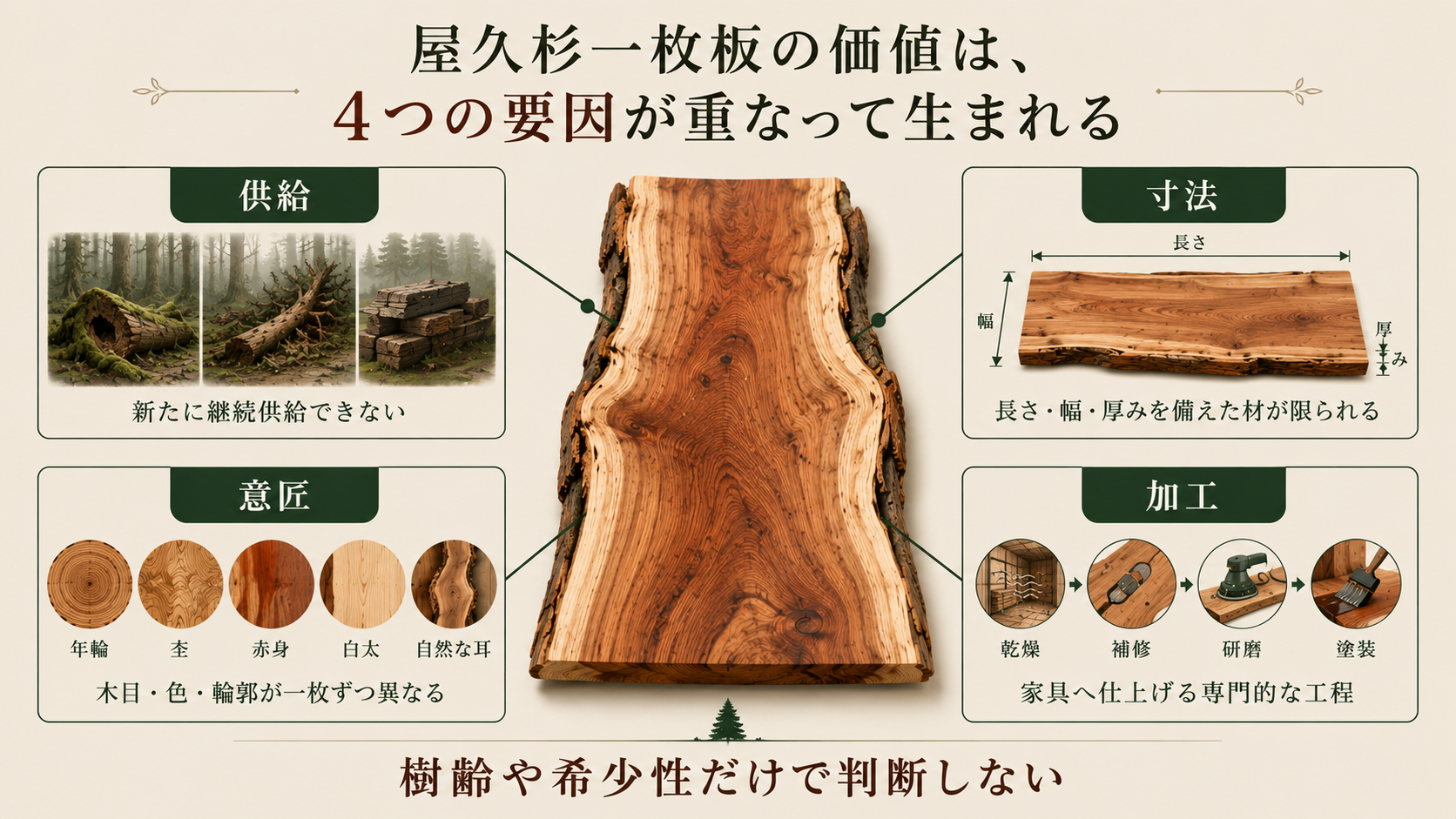 屋久杉一枚板の価値を構成する供給、寸法、意匠、加工の4要因