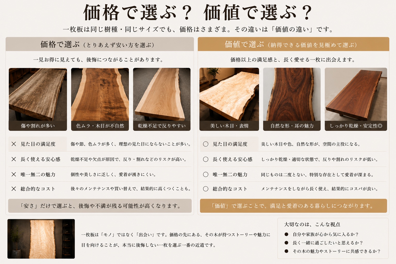 一枚板を安さだけで選ぶ場合と、木目、形、乾燥、長期的な満足度を含む価値で選ぶ場合の比較