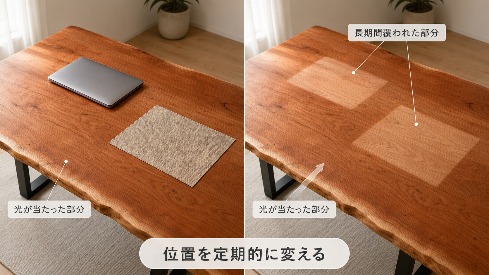 チェリー材の天板で、置物に覆われた部分だけ淡く残る色むらの例