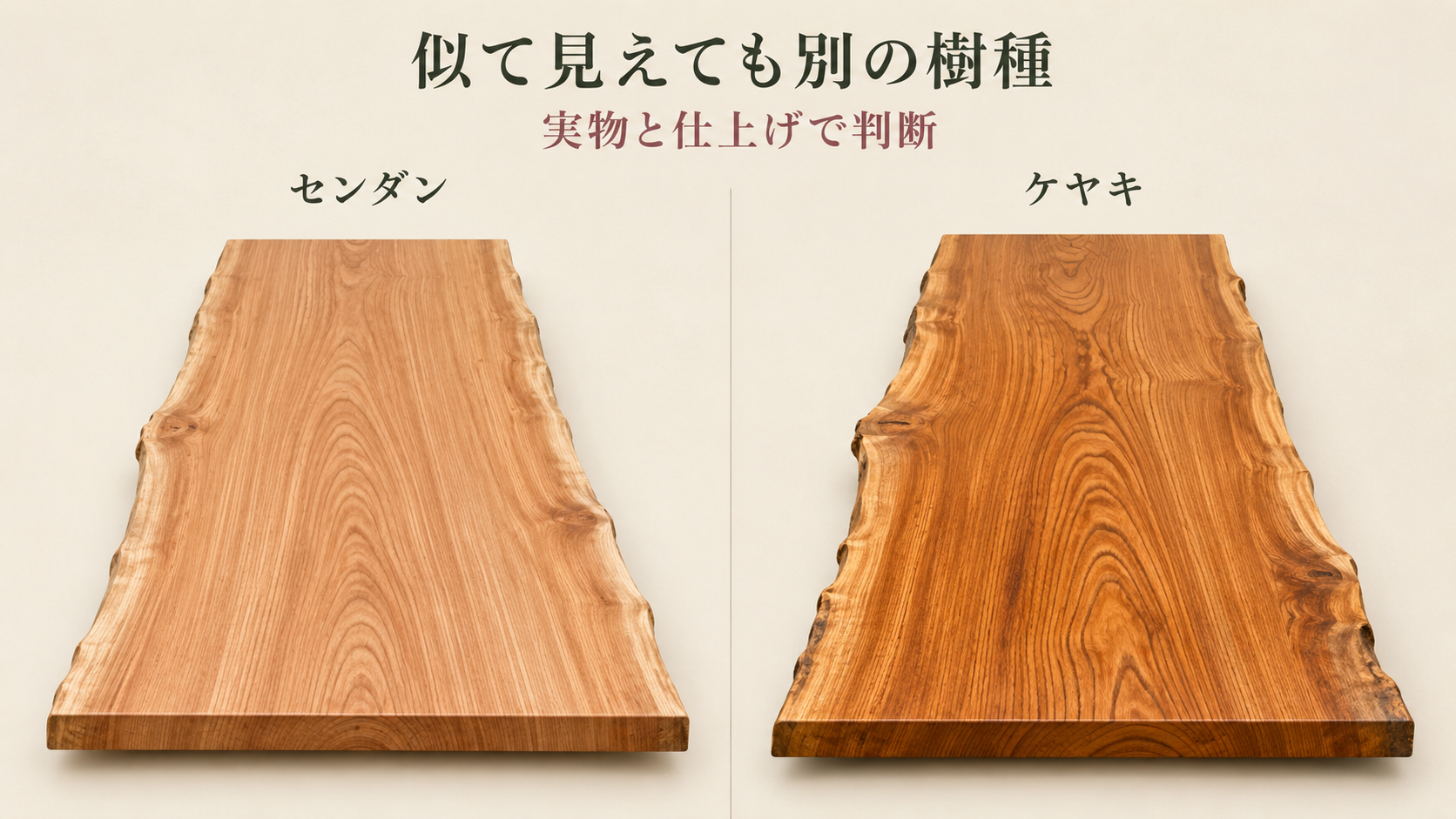 同じ条件でセンダンとケヤキの天板を並べ、色と木目の印象が異なることを示した比較図