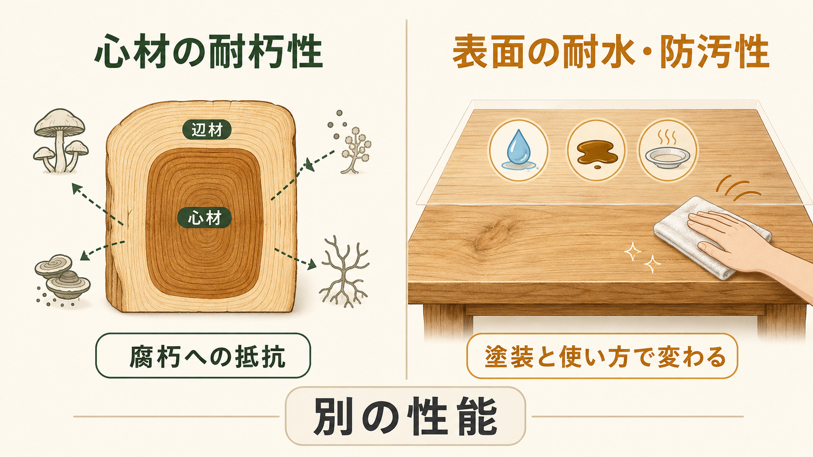 クリ心材の耐朽性と、一枚板表面の耐水性や防汚性が別の性能であることを比較した図