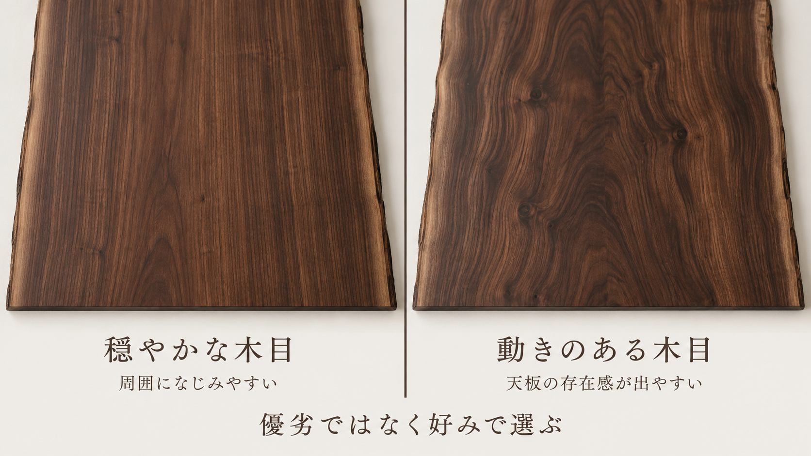 穏やかに流れるウォールナットの木目と、波状で動きのある木目を比較した画像