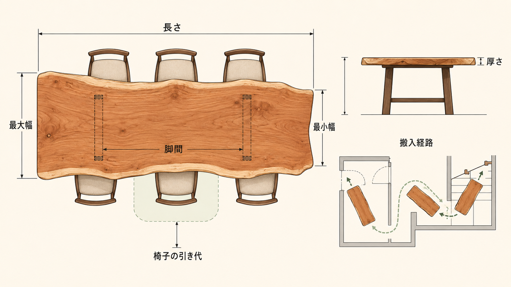 一枚板テーブルの長さ、最大幅、最小幅、脚間、椅子の引き代、搬入経路を示した配置図