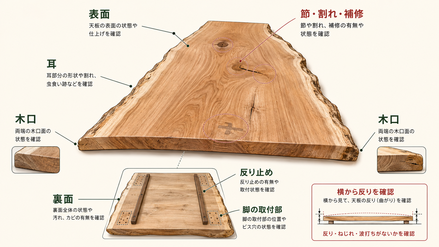 一枚板の表面、裏面、木口、耳、反り止め、脚の取付部など、購入前に確認する位置を示した図