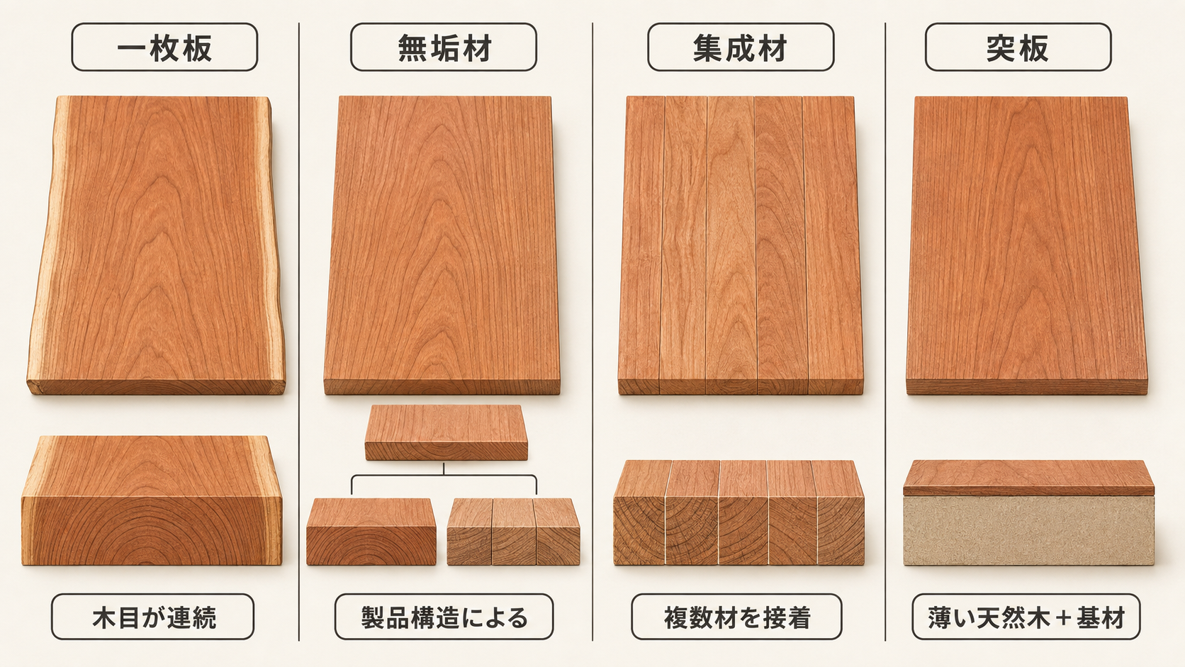 一枚板、無垢材、集成材、突板の表面と断面構造の違いを比較した図