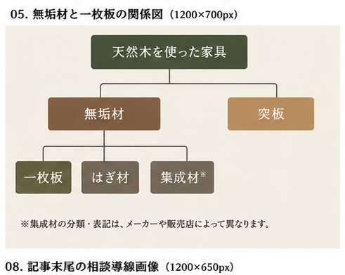無垢材と一枚板、はぎ材・集成材・突板の関係を整理した図