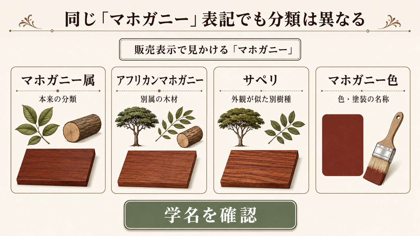 マホガニー属、アフリカンマホガニー、サペリ、マホガニー色が同一の樹種ではないことを示す分類図