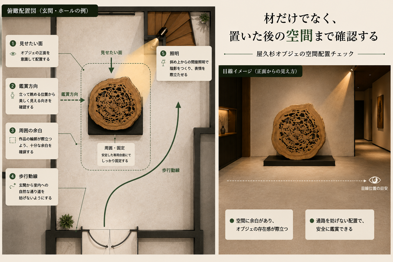 屋久杉オブジェの見せたい面、鑑賞方向、周囲の余白、歩行動線、照明、固定を示す配置図