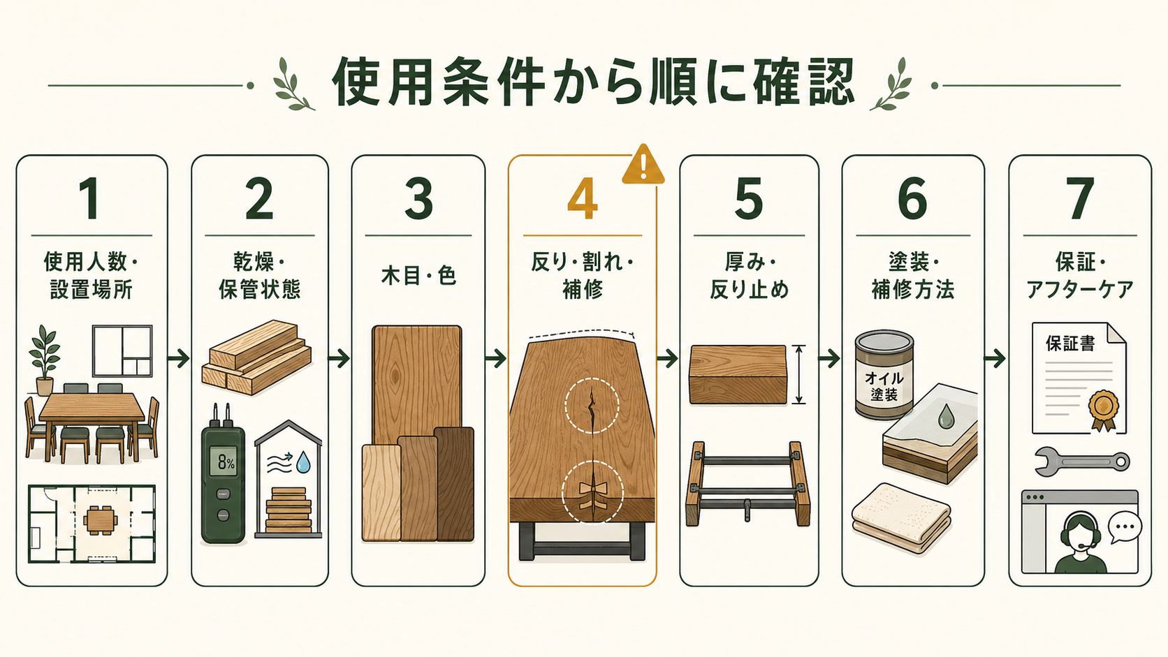 使用人数と寸法から保証まで、クリ一枚板を選ぶ7つの確認手順を示した図