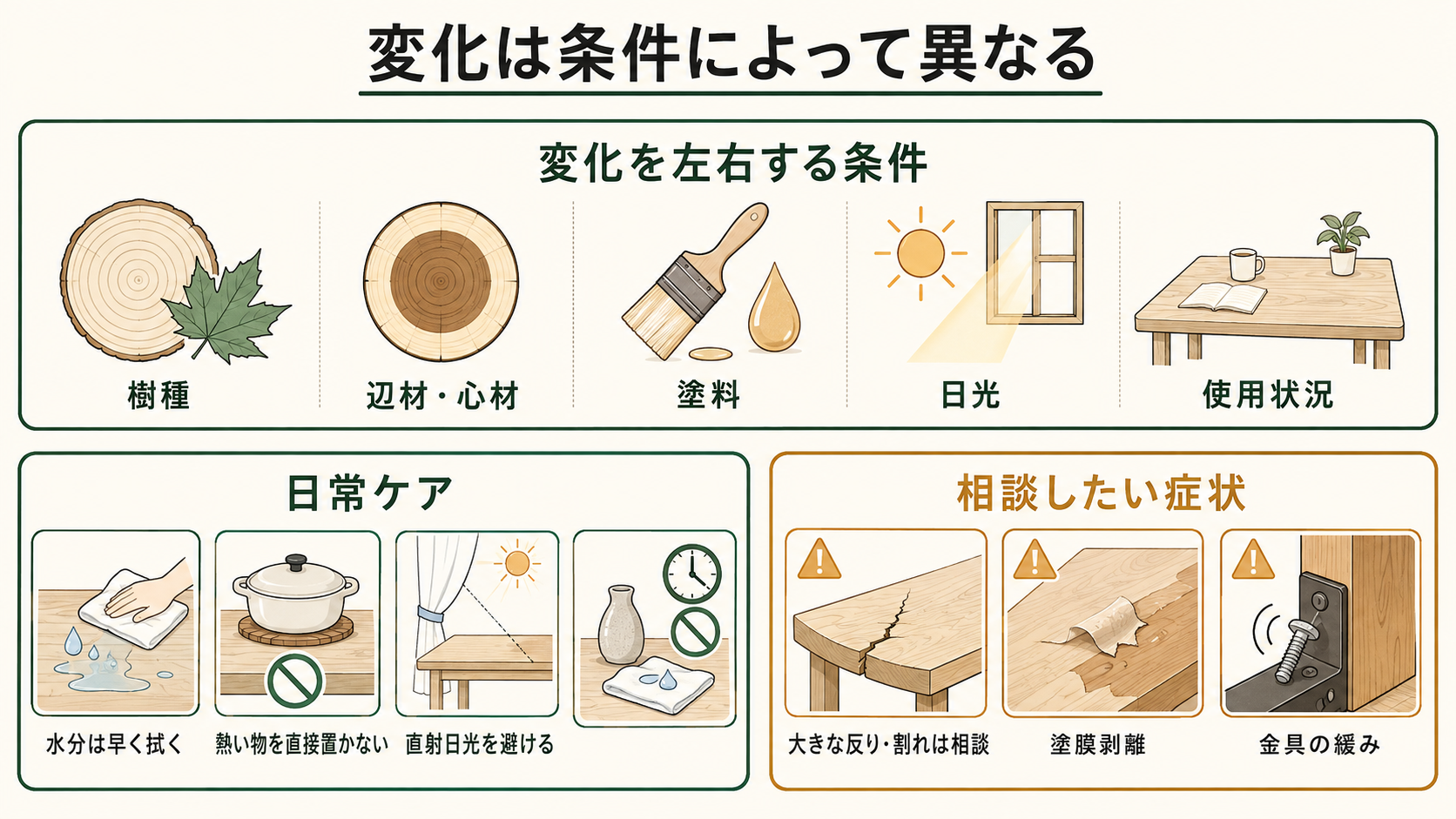 メープル一枚板の経年変化に影響する条件と、水分、熱、日光への日常的な手入れをまとめた図