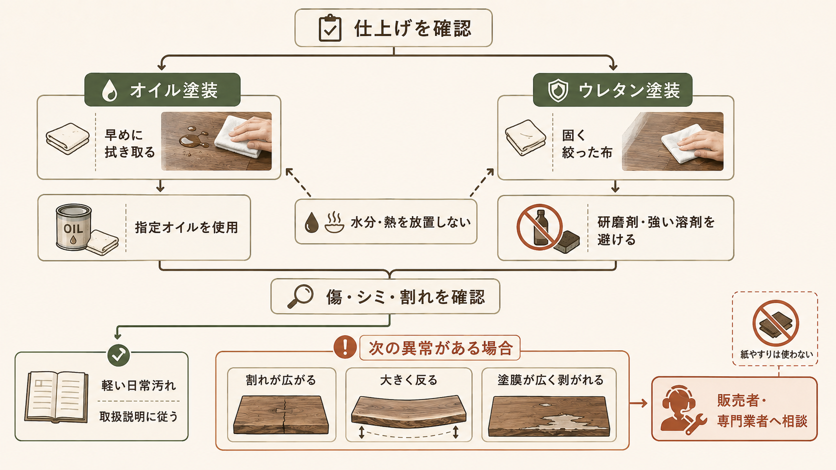 オイル塗装とウレタン塗装の手入れ方法、割れや反りがある場合の相談判断を示した図