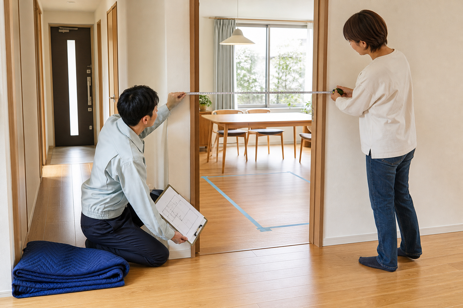 一枚板の搬入前に玄関から設置場所までの開口幅と床面を測る様子