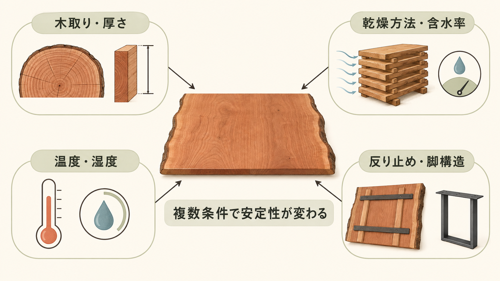 一枚板の安定性を左右する木取り、乾燥、含水率、厚さ、脚構造、温湿度の関係図