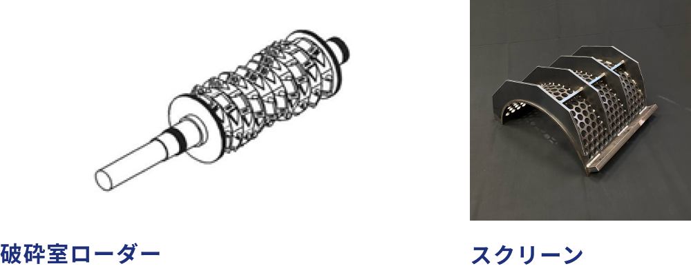 対象物をホッパー部に投入後、ローターが回転すると伸油圧式プッシャーが前後し対象物を確実に捉える様に破砕していきます。破砕室ローダーに回転を破砕室内に固定を装着します。スクリーンの穴径は処理後の破砕サイズに合ねせて任意で設定が可能です。