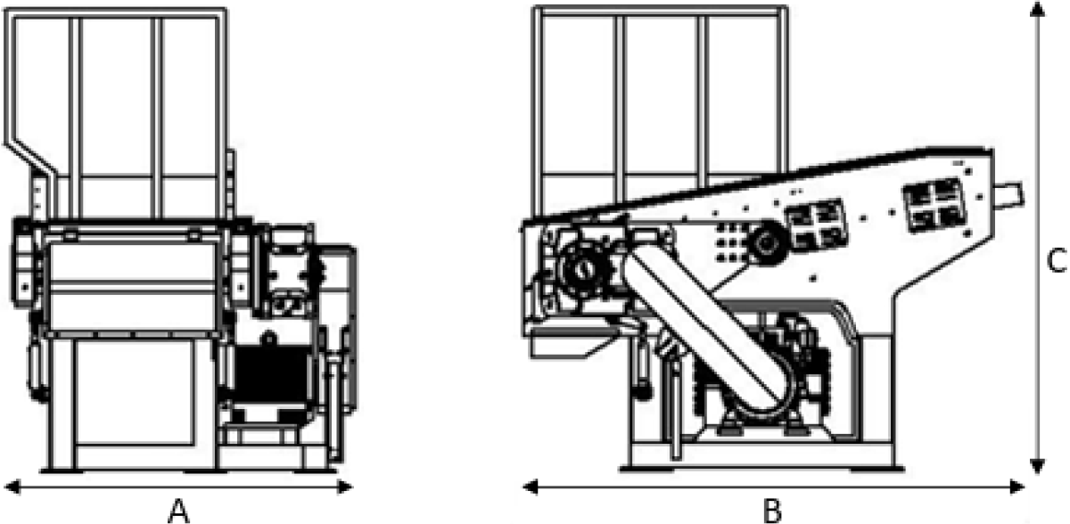 プッシャー式低速一軸破砕機 外形寸法図