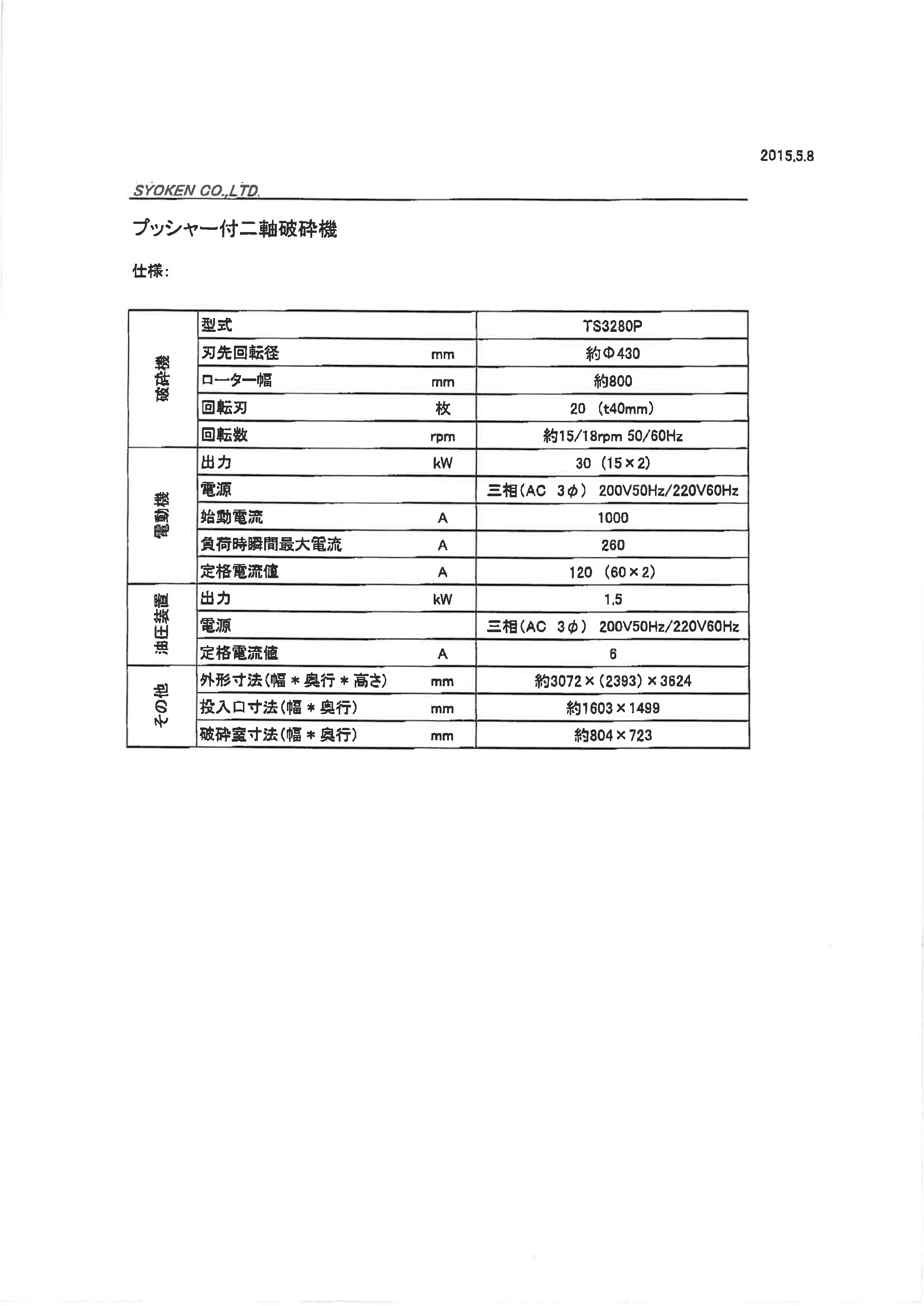 ＜商研＞プッシャー付き二軸破砕機　TS3280P　30kW（15kW×2基） - 画像7