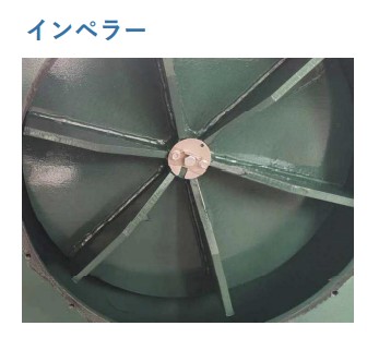 対象物をインペラーに直接当てて排出口まで送り込むため、嵩比重が大きい対象物でも難なく空気輸送が可能です。
対象物によりインペラーの摩耗を考慮した材質が選択可能です。 ※標準：S45C材