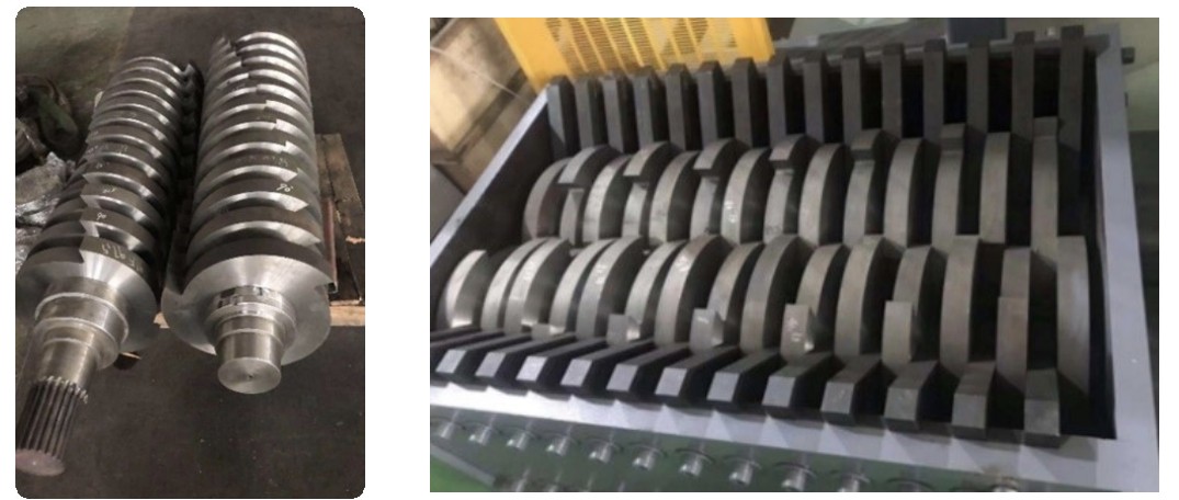 対象物がローダーが詰まった際、負荷を検知して反転する機能が搭載されています。本設備の単独ドライブユニットは電動力をロスなく左右の主軸に伝えます。
二軸破砕刃（回転刃）の脱着交換は簡単に交換可能です。
くし刃（スクレーパー）は交換方式で簡単に脱着可能です。