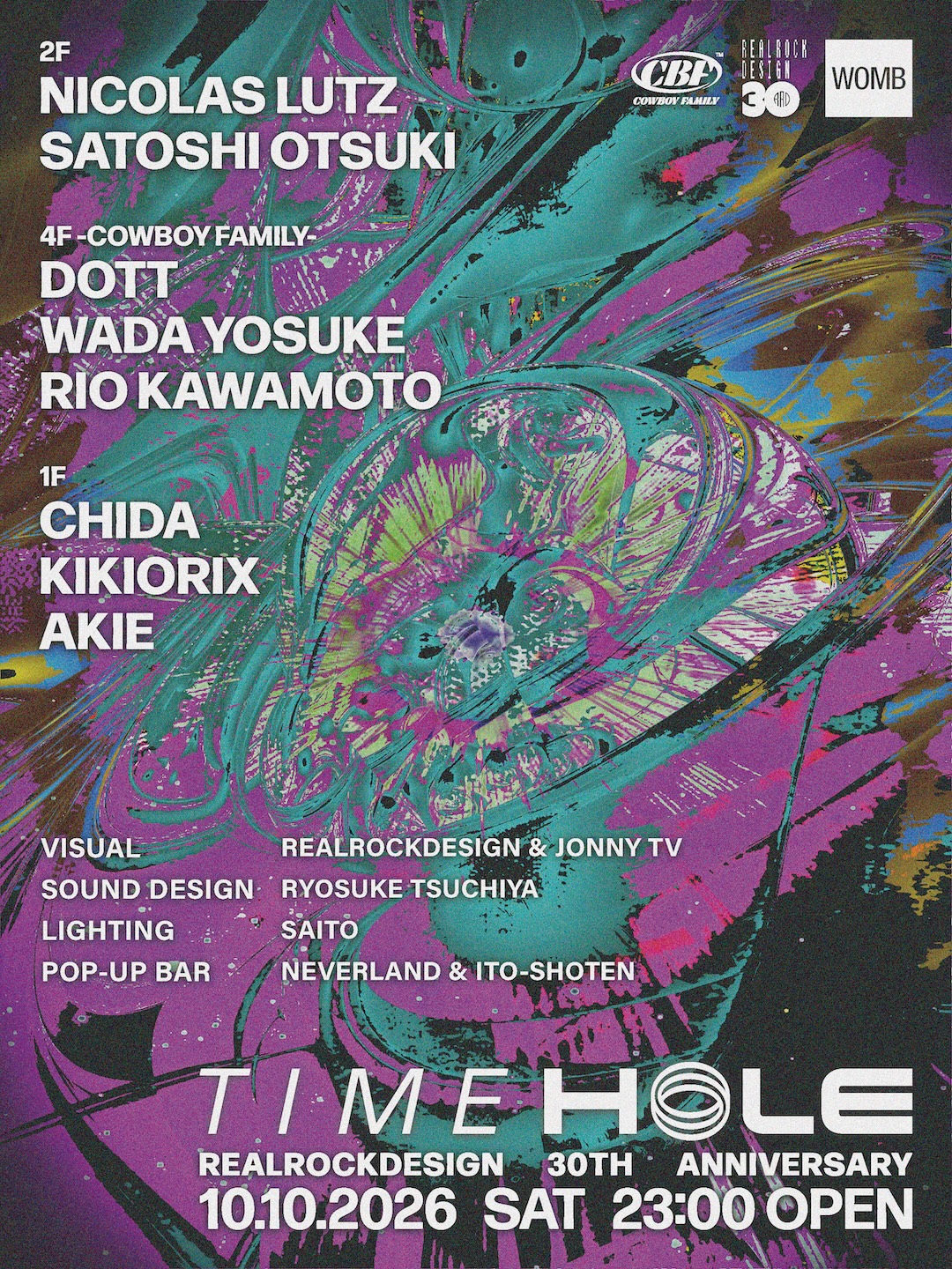 Flyer for TIME HOLE -REALROCKDESIGN 30TH ANNIVERSARY- at WOMB