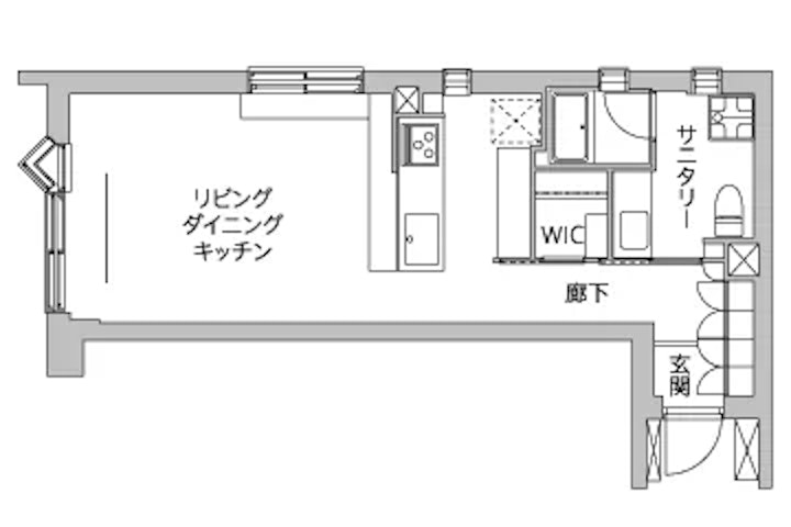 リノベーション後の間取り図。1R（ワンルーム）の構成。洋室の仕切りがなくなり、左側から中央にかけて広々としたリビングダイニングキッチンが配置されている。キッチンは対面式に変更。右側には新たにウォークインクローゼット（WIC）が設けられ、水回りはサニタリーとして機能的にまとめられている。インテリックス空間設計のリノベーション事例。