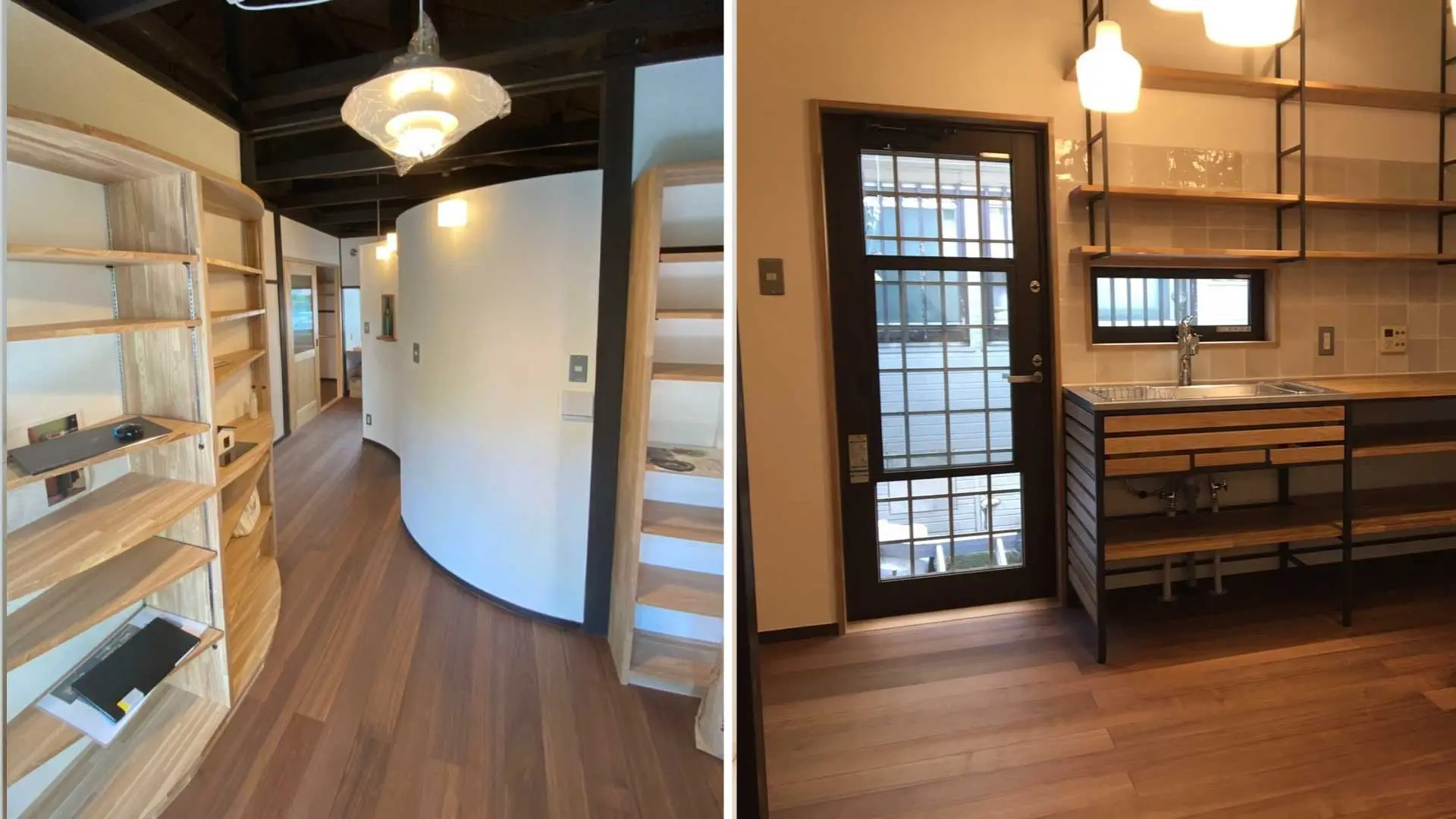 左側はR壁の漆喰壁と造作本棚が続く廊下、右側はタイル壁と無垢材フレームのキッチンがある空間を並べた画像。築60年の古民家を無添加素材で再生した、温かみと開放感のあるリノベーション事例。