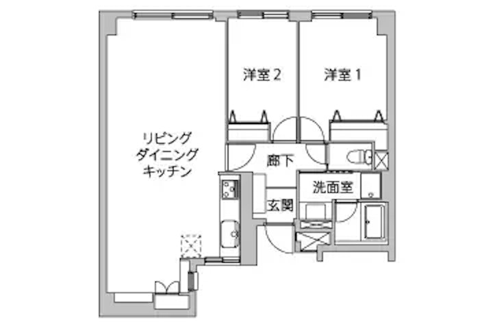 リノベーション前の間取り図。2LDKの構成で、左半分に縦長のリビングダイニングキッチン、右半分に洋室1、洋室2、下部に玄関や水回り（洗面室、浴室、トイレ）が配置されている。