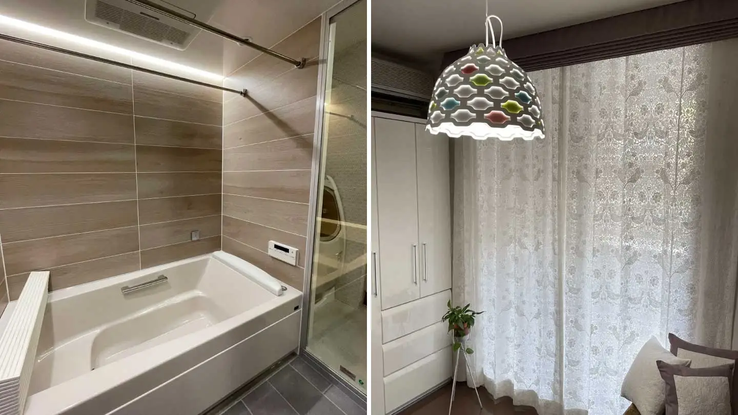 左側に間接照明とウッド調パネルを配したホテルライクな浴室、右側に刺繍入りカーテンと北欧風ペンダントライトがある居室を並べた画像。清掃性とデザイン性を両立し、オーバーヘッドシャワーや造作収納を備えた、清潔感のあるマンションリノベーション内観