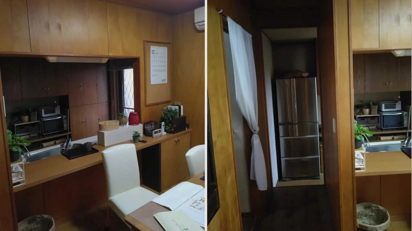 大きな垂れ壁が圧迫感を与える対面式キッチンと、冷蔵庫の前に耐力壁があり開閉が困難な通路。ツーバイフォー構造特有の制約により閉鎖的で、家事動線が悪かった既存のダイニング。