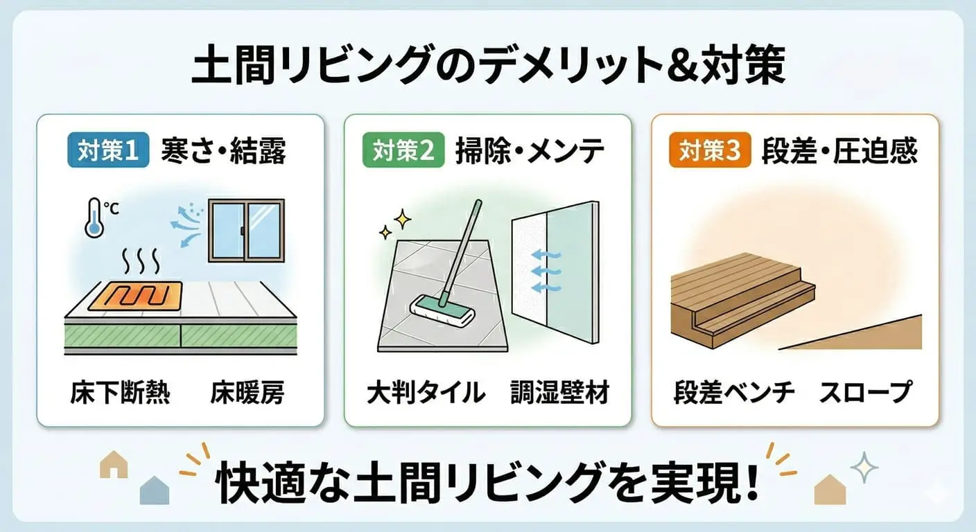 「土間リビングのデメリット&対策」の図解。寒さ・結露対策の床暖房や床下断熱、掃除・メンテ対策の大判タイルや調湿壁材、段差・圧迫感対策の段差ベンチやスロープのイラストが描かれている。解説用画像。