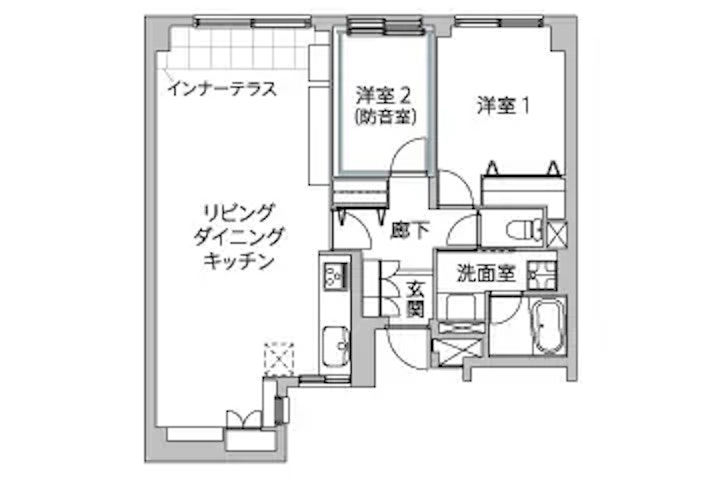 リノベーション後の間取り図。2LDKの構成。全体的な配置はリノベーション前を踏襲しつつ、リビングダイニングキッチンの窓際にインナーテラスが新設されている。また、中央の洋室2は壁が分厚く施工され、趣味を楽しむための「洋室2（防音室）」へと改修されている。インテリックス空間設計のリノベーション事例。