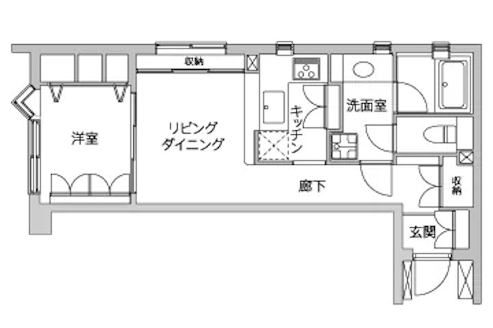 リノベーション前の間取り図。左側に洋室、中央にリビングダイニング、右側に壁で仕切られた独立型のキッチンと水回り（洗面室、浴室、トイレ）、下部に廊下と玄関が配置された構成となっている。