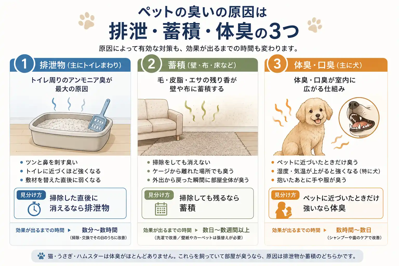 ペットの臭いの3大原因（排泄物、蓄積、体臭）とその見分け方をまとめた図解。1:トイレ周りのアンモニア臭、2:壁やソファへのニオイの蓄積、3:犬などの体臭・口臭について、イラスト付きで特徴を解説。「掃除しても残るなら蓄積」など、原因別の特定方法と効果が出るまでの目安時間を記載している。