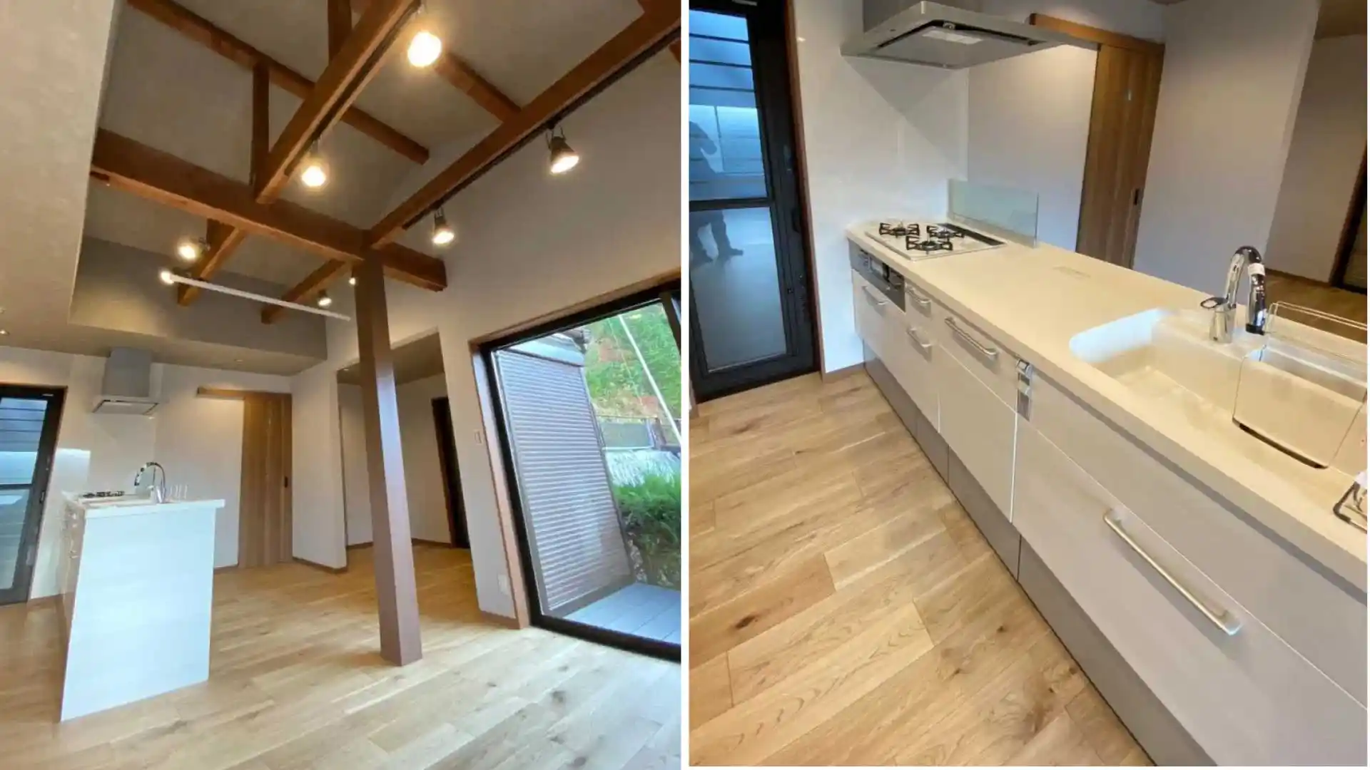 戸建てリノベーション事例の2分割画像。左は天井に木製の梁を見せたリビング、右は白いキャビネットのI型キッチン。床は明るい色の木製フローリング。