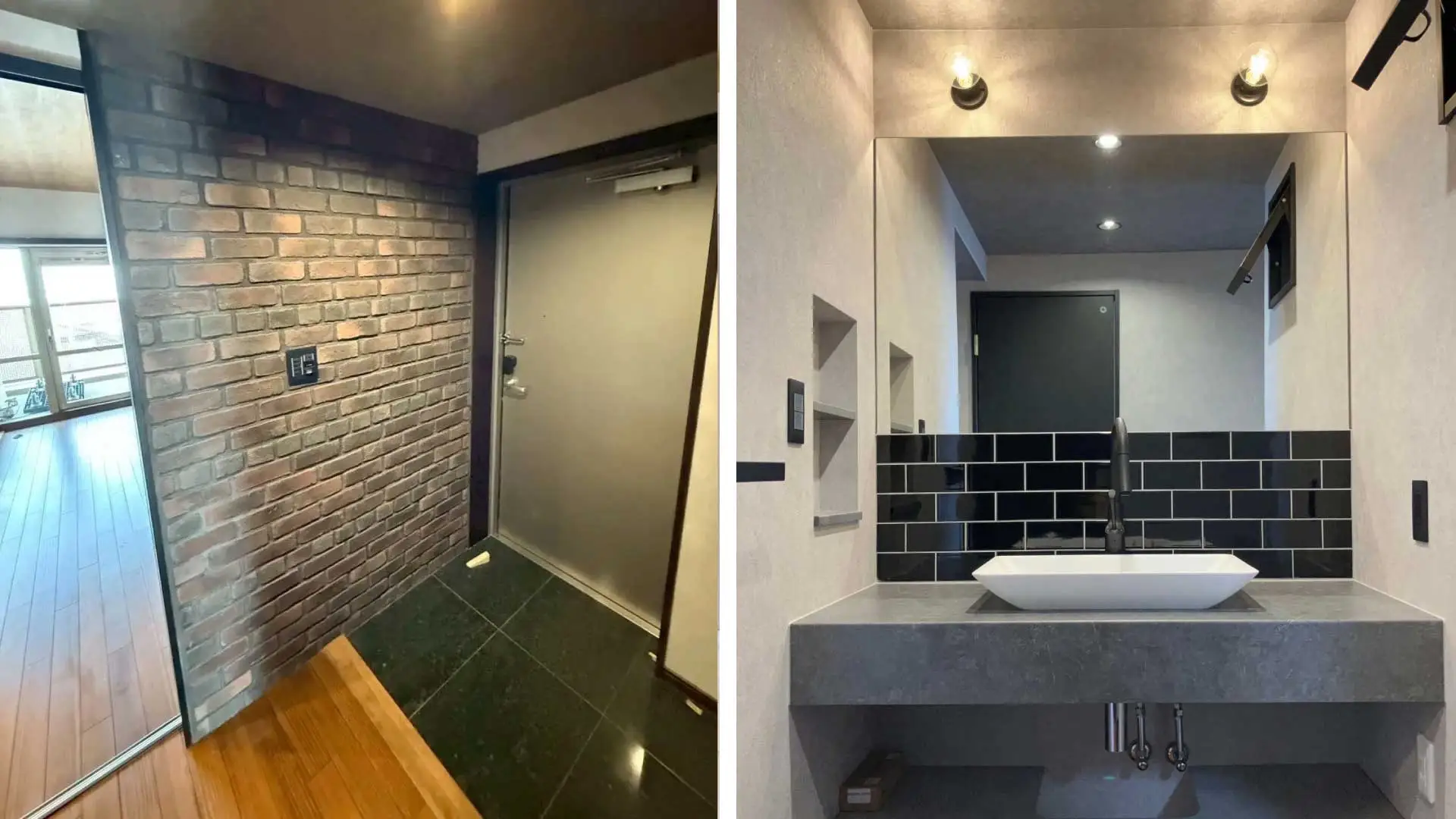 ancubeのリノベーション事例。左はブリックタイルの壁が特徴的な玄関ホール。右はグレーのカウンターと黒いサブウェイタイルでシックに仕上げたホテルライクな造作洗面台。