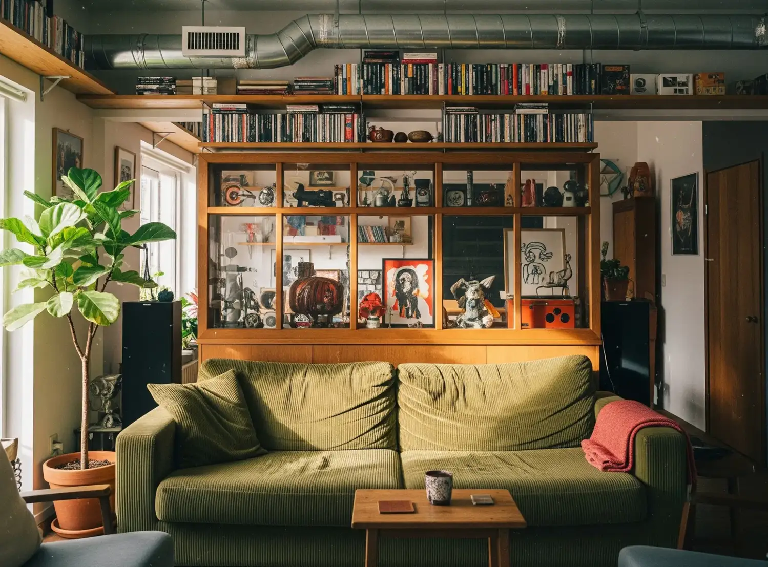 手前にグリーンのソファ、背面にアートや本が並ぶ木製の大型ディスプレイ棚を配置。天井のむき出しダクトと木目があたたかいインダストリアルな空間。Refitのリノベーション事例。