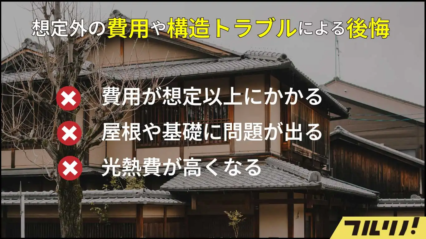 古民家リノベーションでよくある3つの後悔（想定以上の費用、構造トラブル、高い光熱費）をまとめた図解