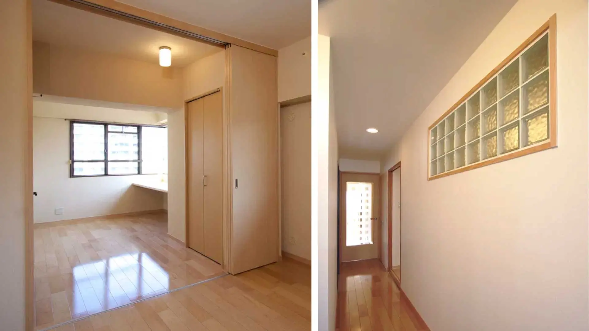マンションリノベーション事例の2分割画像。左は洋室のクローゼットと机、右は廊下の壁に埋め込まれたガラスブロックの室内窓が写っている。