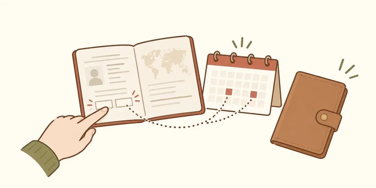 旅券の期限とカレンダーを確認するイラスト